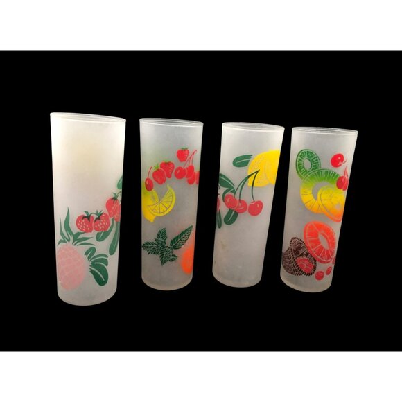 Set Of 4 Mid Century Federal Frosted Tom Collins Glasses With Retro Fruit Design - Picture 1 of 16